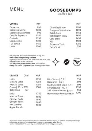 Goosebumps menu - 2026. January at Goosebumps Coffee Lab in Budapest