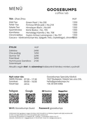 Goosebumps menu - 2026. January at Goosebumps Coffee Lab in Budapest