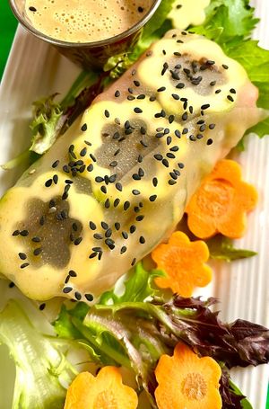 Gluten free house made Rainbow vegetable summer rolls with marinaded bacon tempeh and quick peanut sauce. Summer is here at Botanika Cafe in Ridgefield