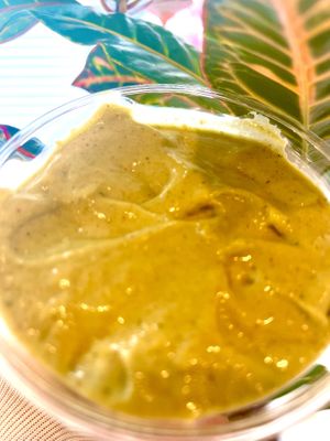 Popeye smoothie. Spinach, mango, banana, almond butter, flax powder (protein)r, hemp powder(protein), milk at Botanika Cafe in Ridgefield