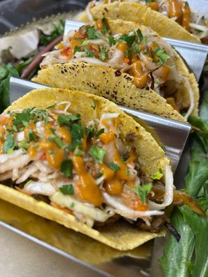 BBQ Jack fruit taco with pineapple slaw and BBQ house made sauce, corn tortilla and green leaves.   at Botanika Cafe in Ridgefield