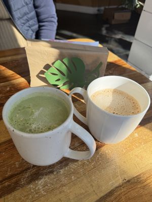 Matcha latte and rose latte   at Botanika Cafe in Ridgefield