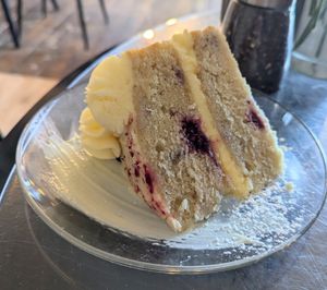 Vegan white chocolate and raspberry cake at The Running Fox in Morpeth