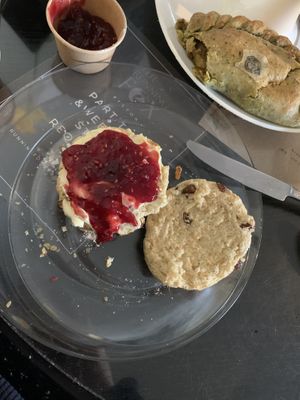 Fruit scone and curried cauliflower pasty  at The Running Fox in Morpeth