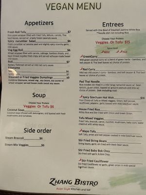 Separate vegan menu  at Zhang Bistro in New Orleans