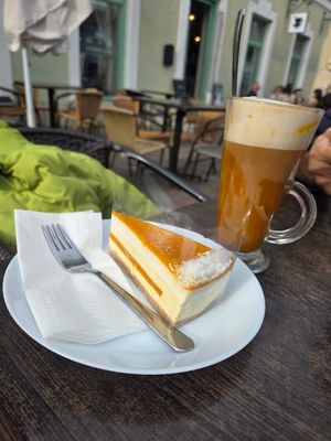Mango maracuja coconut cake and Pumpkin Spice latte with almond milk at La Fontana in Esztergom