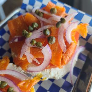 Super Nova Carrot Lix with housemate tofu cream cheese at Starship Bagel in Lewisville