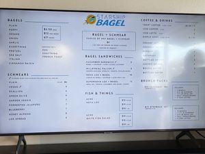 Menu with vegan options marked with 🥕  at Starship Bagel in Lewisville