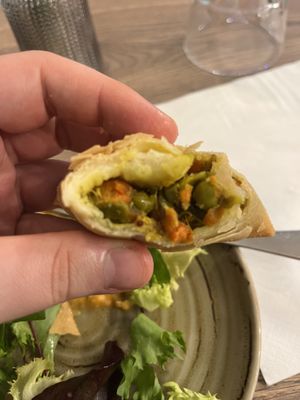 The insides of these delightful samosas  at Le Petit Veg in Paris