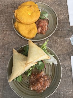 Somosas and eggplant  at Le Petit Veg in Paris