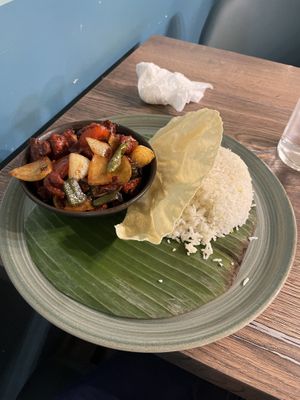 Mexican chili on a large plate, portion was large to me  at Le Petit Veg in Paris