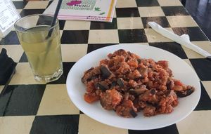 Homemade lemonade and eggplant tomato dish of the day at Dream House in Sofia