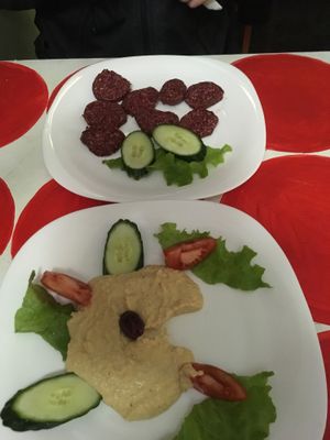 Hummus and vegan sausage  at Dream House in Sofia