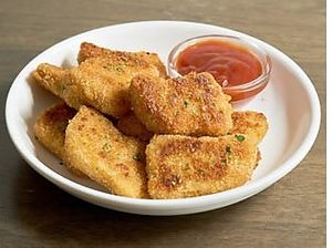 Yummy BeLeaf brand crispy nuggets with homemade dipping sauces including Ranch, Bleu Cheese, BBQ, Sweet & Sour, and Ketchup at MF Good Food in Riverside