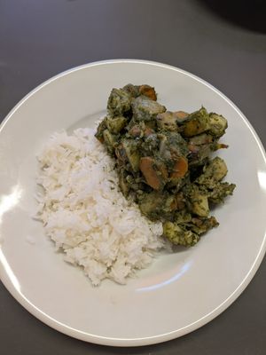 Potato and spinach curry with rice at Food Works Sharrow in Sheffield