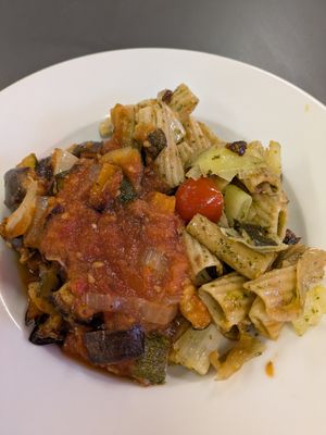 Half and half (I couldn't decide) ratatouille and coriander pesto pasta at Food Works Sharrow in Sheffield