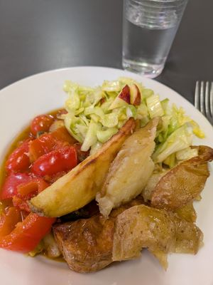 Peri peri stew with wedges and salad at Food Works Sharrow in Sheffield