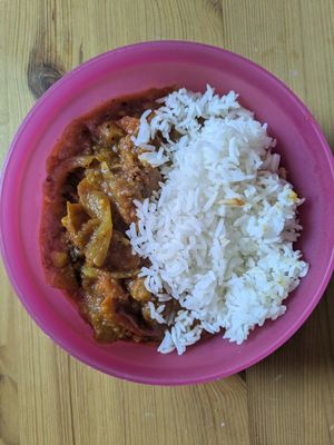 Black pepper curry and rice at Food Works Sharrow in Sheffield