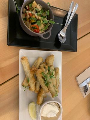 typical octupus salad and fried green beans (salad is mouth-watering) at A Minha Avó in Lisbon
