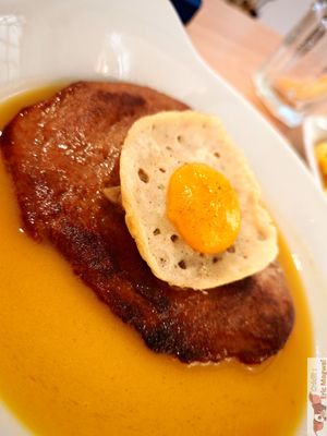 Bitoque com "Ovo" :  seitan home made steak with fried "egg" on top and sauce with wine mustard, olive oil and garlic with fries and white rice at A Minha Avó in Lisbon