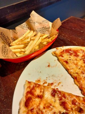 Pizza and fries  at Frankenstein and Bier Keller in Edinburgh