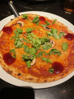 vegan pizza funghi with chili sauce   at Frankenstein and Bier Keller in Edinburgh