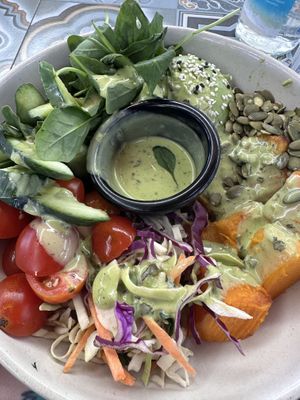 Nourish bowl made dairy free is vegan. You can add felafel however they advised these are fried in the same frier as meat  at Harrigan's Hunter Valley in Pokolbin