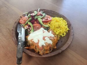 Lasagna without pasta with salad and rice at La Colmena in Mazunte