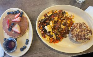 Vegan Bliss Pancake and Tofu Scramble with Soyrizo, Mushrooms, and Peppers!  at Snooze in Scottsdale