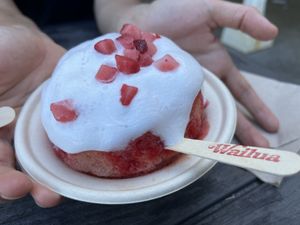 Guava strawberry with haupia foam  at Wailua Shave Ice Kauai in Kapaa