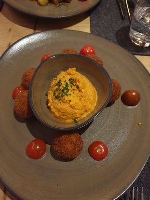 Sweet potato and mushroom croquettes, romesco sauce at Hornox in Zermatt