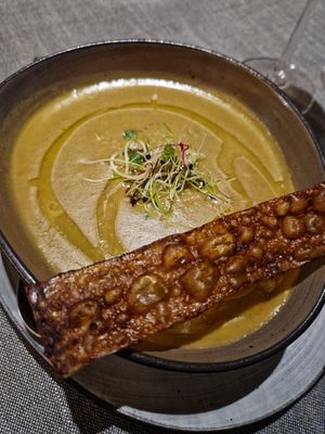 Lentils soup with vegan lard at Hornox in Zermatt