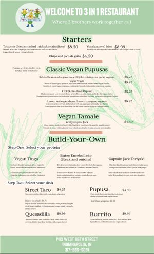 Full vegan menu available. Featuring three different vegan proteins in the Build-Your-Own portion at 3 in 1 Restaurant in Indianapolis