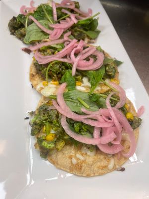 One each of the vegan tacos “Loco Style”. 
~Captain Jack Teriyaki Taco
~Vegan Tinga Taco
~Bistec Encebollado Taco (Vegan Steak and Onions) at 3 in 1 Restaurant in Indianapolis