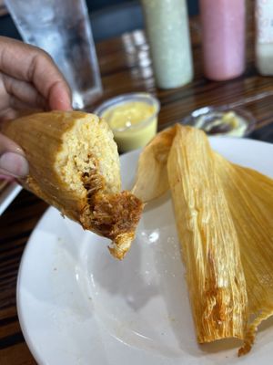 Inside the Vegan jackfruit tamale  at 3 in 1 Restaurant in Indianapolis