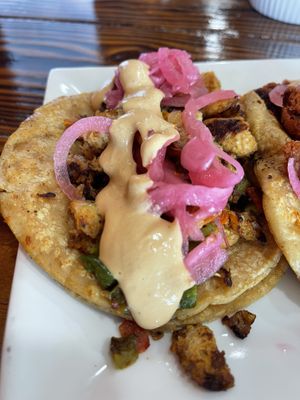 Vegan Bistec Encebollado taco - loco style  at 3 in 1 Restaurant in Indianapolis