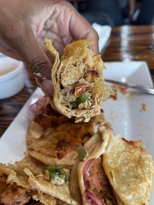 Inside the Vegan Bistec Encebollado taco   at 3 in 1 Restaurant in Indianapolis