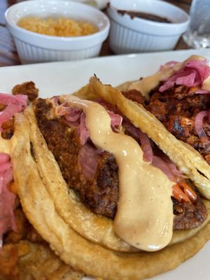 Vegan Chorizo taco - loco style   at 3 in 1 Restaurant in Indianapolis