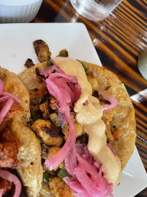 Vegan Bistec Encebollado taco - loco style  at 3 in 1 Restaurant in Indianapolis