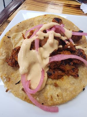 Al pastor taco (Loco style) with vegan cheese melted between two tortillas. #Veganuary at 3 in 1 Restaurant in Indianapolis