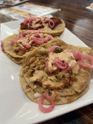 “Steak” & onion street tacos loco style - super yummy!   at 3 in 1 Restaurant in Indianapolis
