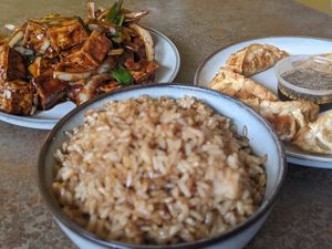 Tofu, Browns Rice and Wontons (separate) at Wok And Slice in North London