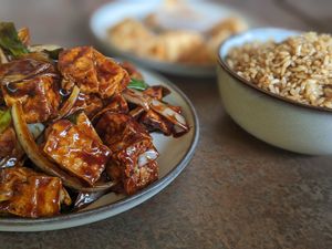 Tofu and brown rice at Wok And Slice in North London