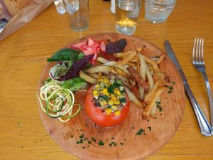 Stuffed tomato, salad & fries at V.O.P. - Very Organic People in Santiago