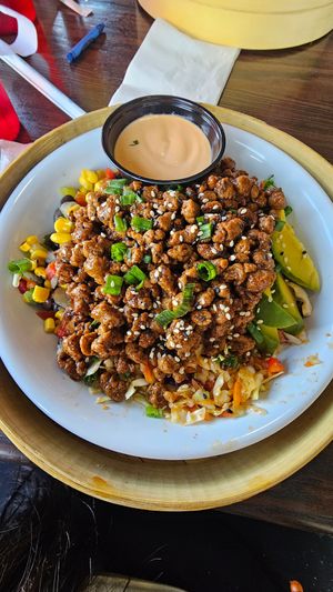 Vegan Korean BBQ bowl with vegan spicy mayo on the side at Fishlips Waterfront Bar & Grill in Cape Canaveral