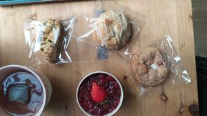 Chive scone, lemon smore cookie, berry smore cookie, strawberry mugwort cake at Vegan Ire in Seoul