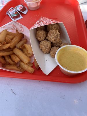 popcorn “chicken”, fries and agave mustard, yum!  at Project Pollo in Dallas