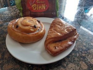 Schneckennudel (Raisin Roll/Bun) and Apfeltasche (Apple Pie Danish) - they were huge at Bio Bäcker Bihn in Wald-michelbach