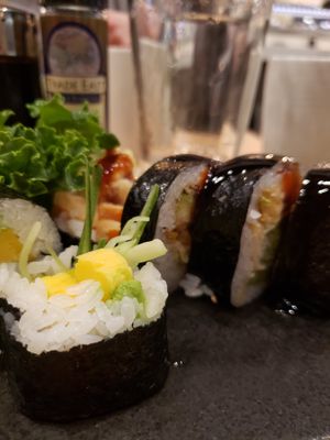 close up on rolls. stuffed and huge, got my money's worth! at Ginza Sushi & Ramen Bar in Grand Rapids