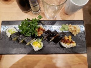 avo, sweet potato, and daikon radish roll (forget the name), and crunchy veg roll! at Ginza Sushi & Ramen Bar in Grand Rapids